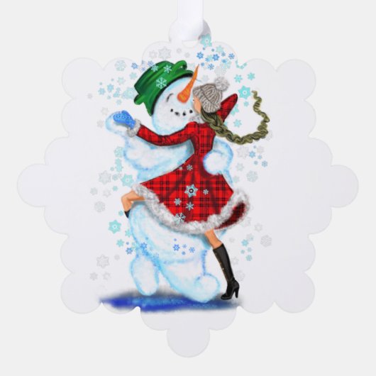 Sneeuwman en Meisje Dansers Kerst Ornament Kaart (Achterkant)