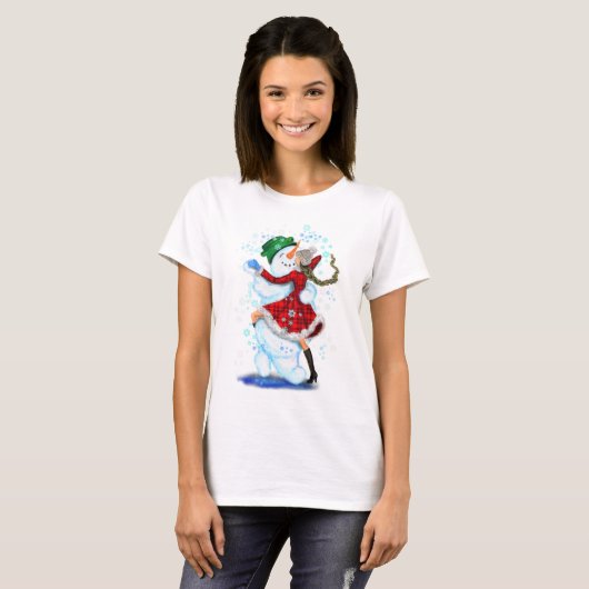 Sneeuwman en meisje dansers Kerst T-shirt (Voorkant volledig)