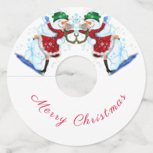 Sneeuwman en meisje dansers kerst wijnglas Label
