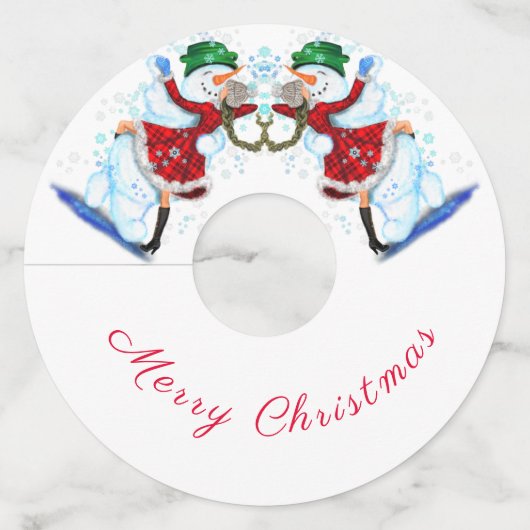 Sneeuwman en meisje dansers kerst wijnglas Label (Voorkant)