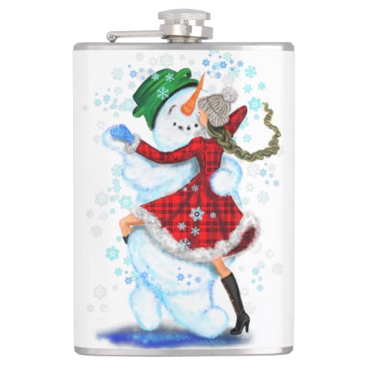 Sneeuwman en meisje dansers kerstfles heupfles (Voorkant)