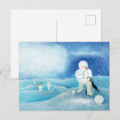 Sneeuwman en Pinguïn Illustratie Briefkaart (Voorkant / Achterkant)