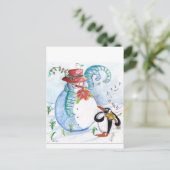SNEEUWMAN EN PINGUÏN'S WINTERSERENADE BRIEFKAART (Staand voorkant)