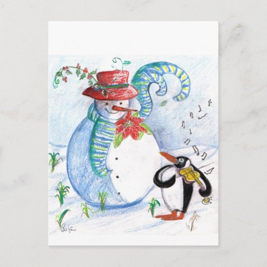 SNEEUWMAN EN PINGUÏN'S WINTERSERENADE BRIEFKAART (Voorkant)