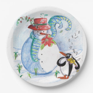 SNEEUWMAN EN PINGUÏN'S WINTERSERENADE  PAPIEREN BORDJE