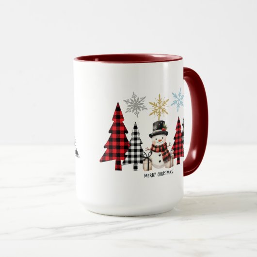 Sneeuwman en plaid kerstboom - Gezellig winterschi Mok (Voorkant rechts)