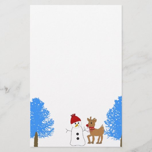 Sneeuwman en rendier met bevroren bomen briefpapier (Voorkant)