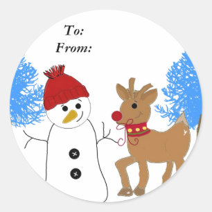 Sneeuwman en rendier ronde sticker