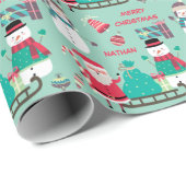 Sneeuwman en Santa Kinder gepersonaliseerde kerst Cadeaupapier (Rol Hoek)