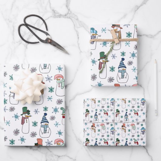 Sneeuwman en sneeuwvlokken Wrapping Paper Set van (Voorkant)