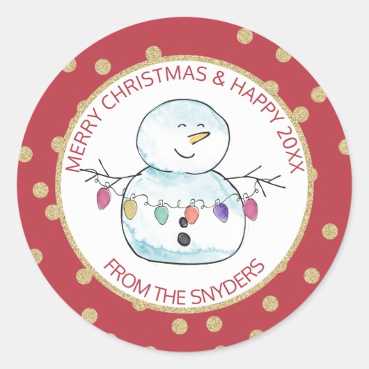 Sneeuwman en String Lights Ronde Sticker (Voorkant)