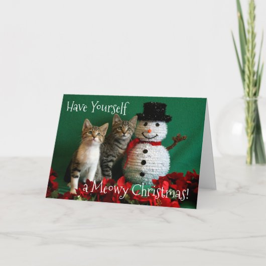 Sneeuwman en twee knuffelkatjes kaart (Voorkant)