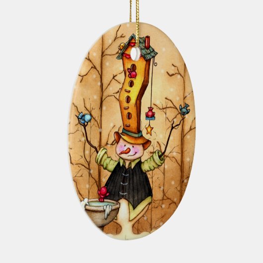 Sneeuwman en vogelvrienden kerstversiering keramisch ornament (Rechts)