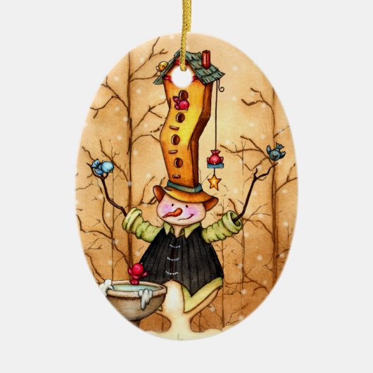 Sneeuwman en vogelvrienden kerstversiering keramisch ornament (Voorkant)