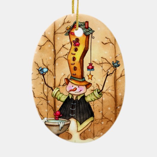 Sneeuwman en vogelvrienden kerstversiering keramisch ornament (Achterkant)