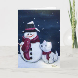 Sneeuwman en Westie Wenskaart Feestdagen Kaart