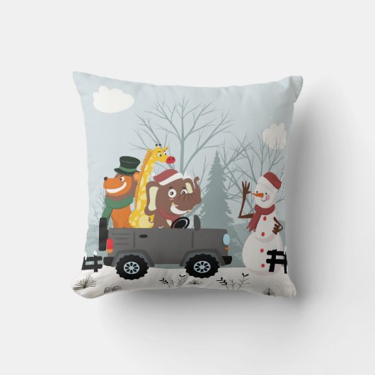Sneeuwman en Wilde Dieren Kerst Kussen (Voorkant)