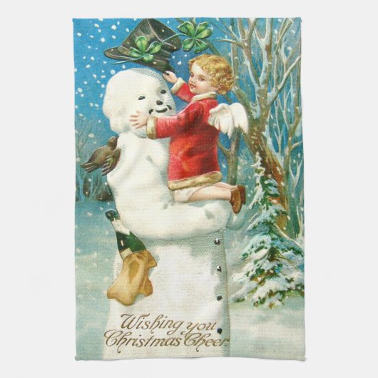 Sneeuwman Engel Cherub Vierbladige Klaver Theedoek (Verticaal)