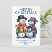 Sneeuwman Familie Cadeaus Blauw Kerstmis Kaart (Staand voorkant)