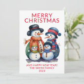 Sneeuwman Familie Cadeaus Rode Kerstmis Kaart (Staand voorkant)