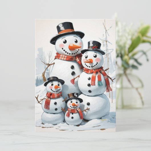 Sneeuwman Familie: Hartverwarmende Kerstgroet Feestdagenkaart (Staand voorkant)