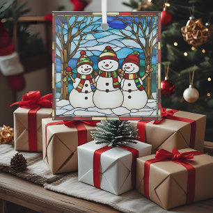 Sneeuwman Familie Nep Gebrandschilderd Glas Ornament
