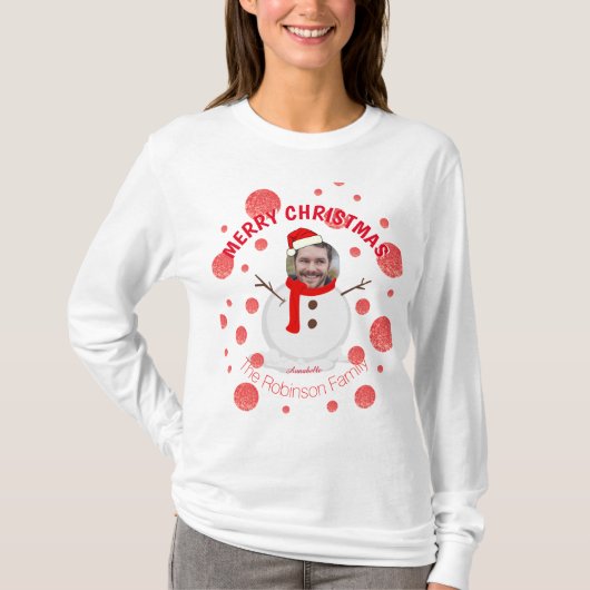 Sneeuwman familie rood moderne grappige foto gezic t-shirt (Voorkant)