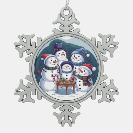 Sneeuwman Familie Tin Sneeuwvlok Ornament (Voorkant)