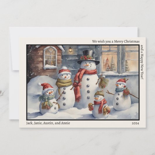 Sneeuwman Familie Vrolijk Kerstfeest Gelukkig Nieu Feestdagenkaart (Voorkant)