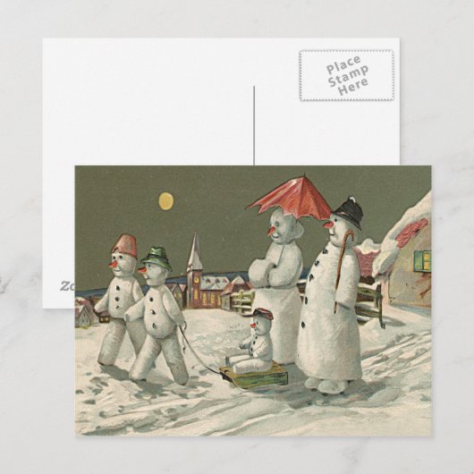 Sneeuwman Familie Winter Spelen Sneeuwkerk Briefkaart (Voorkant / Achterkant)