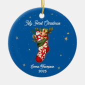 Sneeuwman Feestelijke Stocking Baby's Eerste Kerst Keramisch Ornament (Voorkant)