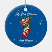 Sneeuwman Feestelijke Stocking Baby's Eerste Kerst Keramisch Ornament (Achterkant)