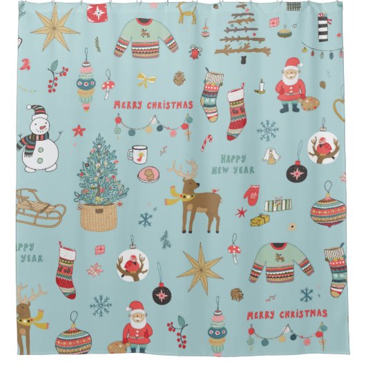 Sneeuwman Fir-Tree Kerst wrapping patroon Douchegordijn (Voorkant)