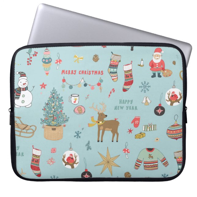 Sneeuwman Fir-Tree Kerst wrapping patroon Laptop Sleeve (Voorkant)