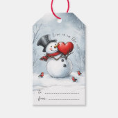 Sneeuwman geeft liefde met een cadeaukaart met gro cadeaulabel (Voorkant)