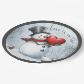 Sneeuwman geeft liefde met een groot hart papieren bordje (Gekanteld)