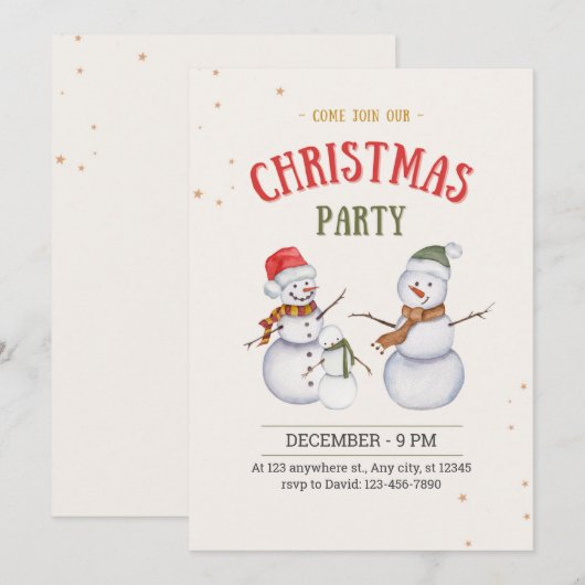 Sneeuwman geïllustreerde Kerstmis partij uitnodigi Kaart (Voorkant / Achterkant)
