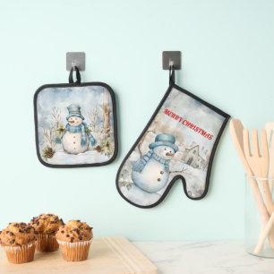 Sneeuwman gekleed in blauw ovenwant & pannenlap set