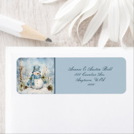 Sneeuwman Gekleed in Blauwe Sjaal en Tophat Etiket