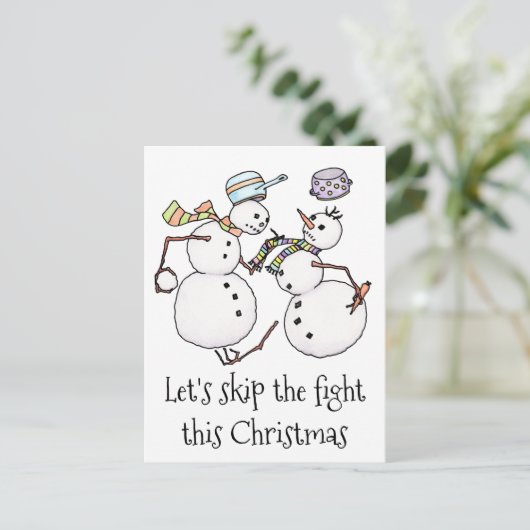 Sneeuwman gevecht feestdagenkaart (Staand voorkant)