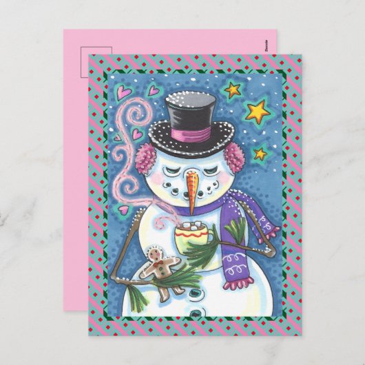 SNEEUWMAN, GINGERBREAD MAN & MOK VAN WARME CHOCOLA FEESTDAGENKAART (Voorkant / Achterkant)