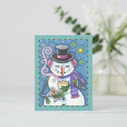 SNEEUWMAN, GINGERBREAD MAN & MOK VAN WARME CHOCOLA FEESTDAGENKAART (Staand voorkant)