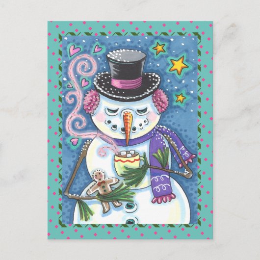 SNEEUWMAN, GINGERBREAD MAN & MOK VAN WARME CHOCOLA FEESTDAGENKAART (Voorkant)