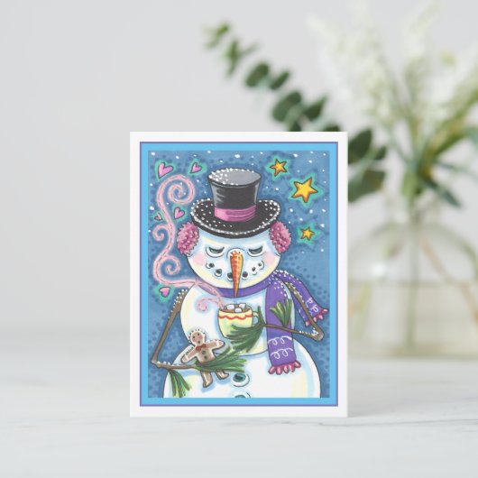 SNEEUWMAN, GINGERBREAD MAN & MOK VAN WARME CHOCOLA FEESTDAGENKAART (Staand voorkant)