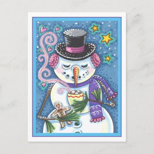 SNEEUWMAN, GINGERBREAD MAN & MOK VAN WARME CHOCOLA FEESTDAGENKAART (Voorkant)