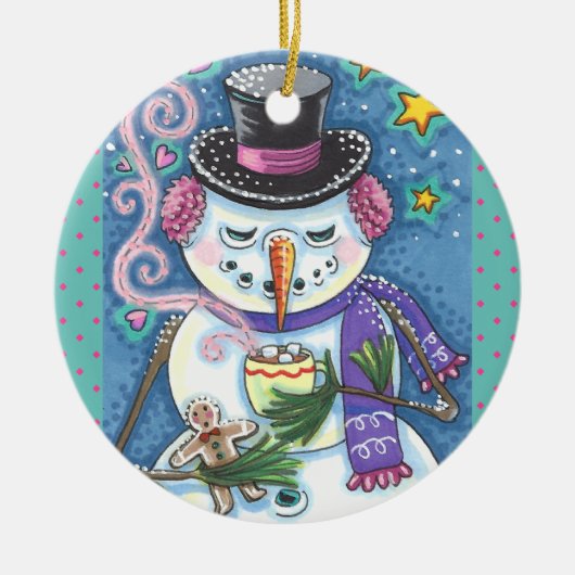 SNEEUWMAN, GINGERBREAD MAN & MOK VAN WARME CHOCOLA KERAMISCH ORNAMENT (Voorkant)
