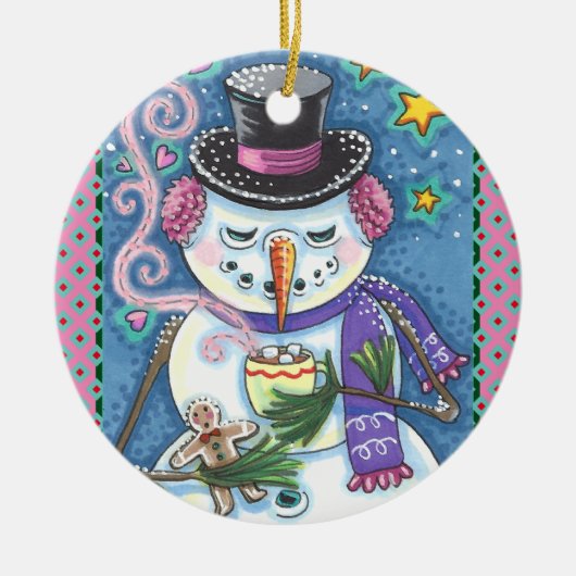 SNEEUWMAN, GINGERBREAD MAN & MOK VAN WARME CHOCOLA KERAMISCH ORNAMENT (Voorkant)
