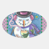 SNEEUWMAN, GINGERBREAD MAN & MOK VAN WARME CHOCOLA OVALE STICKER (Voorkant)
