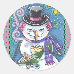 SNEEUWMAN, GINGERBREAD MAN & MOK VAN WARME CHOCOLA RONDE STICKER