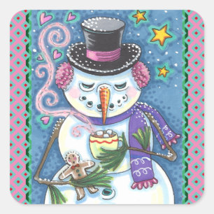 SNEEUWMAN, GINGERBREAD MAN & MOK VAN WARME CHOCOLA VIERKANTE STICKER
